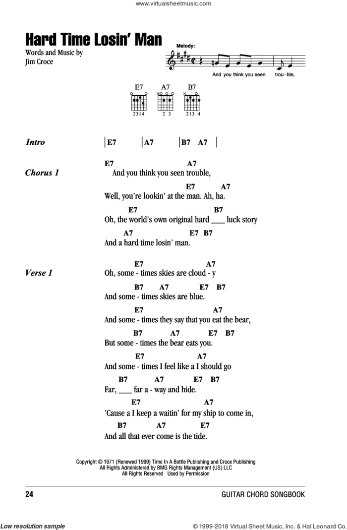 Hard Time Losin' Man sheet music for guitar (chords) by Jim Croce, intermediate skill level