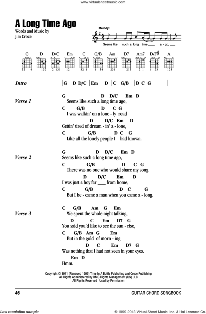 A Long Time Ago sheet music for guitar (chords) by Jim Croce, intermediate skill level