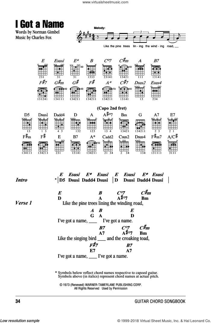 I Got A Name sheet music for guitar (chords) by Jim Croce, Charles Fox and Norman Gimbel, intermediate skill level