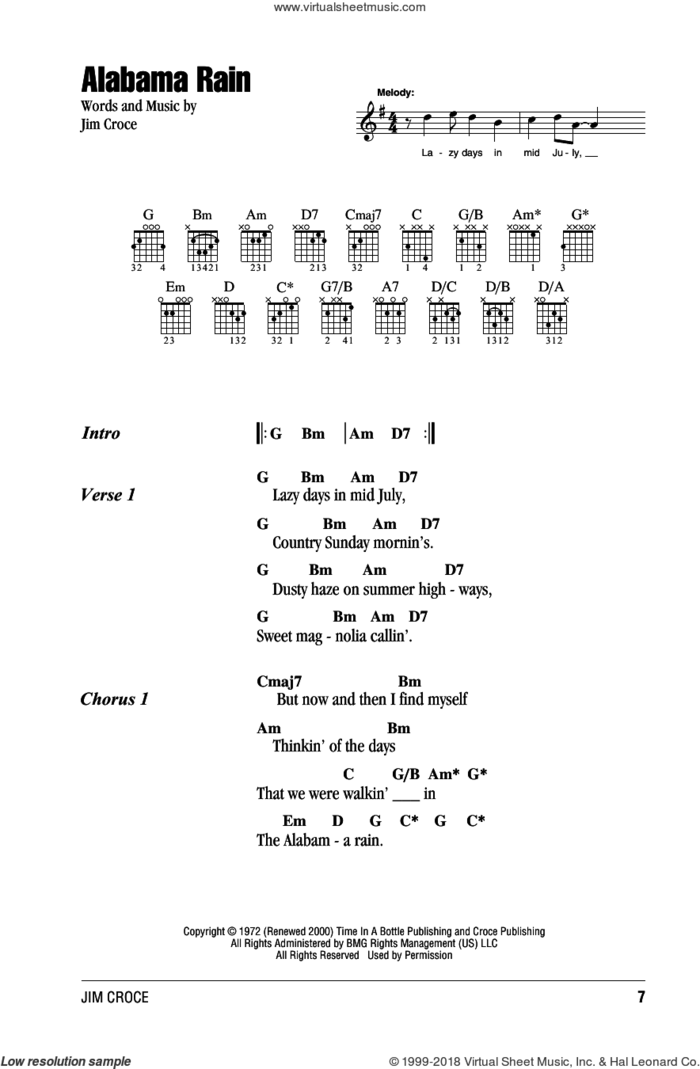 Alabama Rain sheet music for guitar (chords) by Jim Croce, intermediate skill level