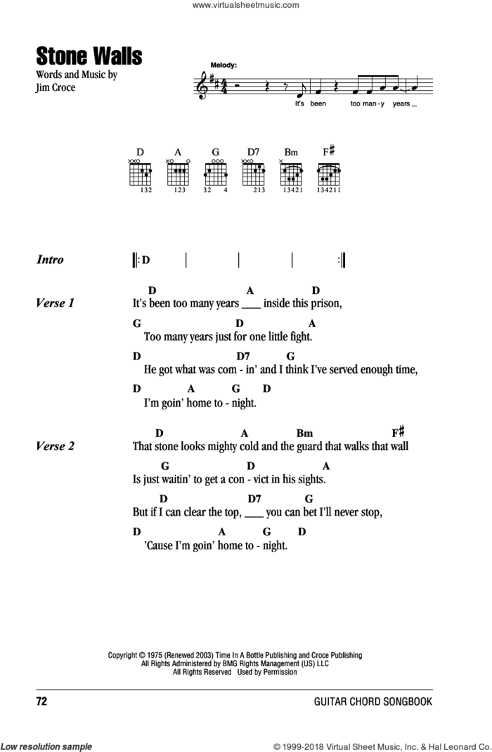 Stone Walls sheet music for guitar (chords) by Jim Croce, intermediate skill level