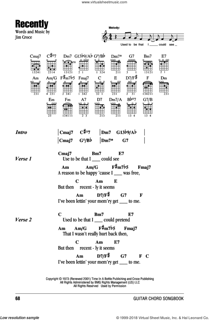Recently sheet music for guitar (chords) by Jim Croce, intermediate skill level