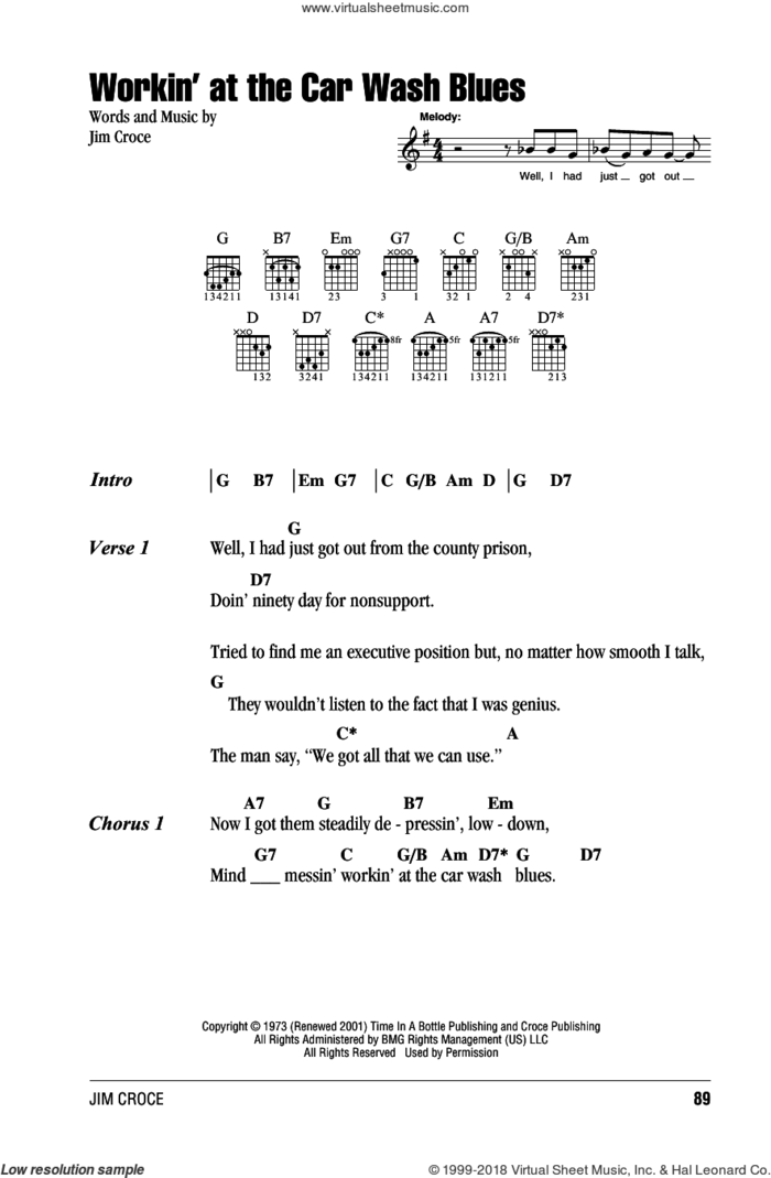 Workin' At The Car Wash Blues sheet music for guitar (chords) by Jim Croce, intermediate skill level