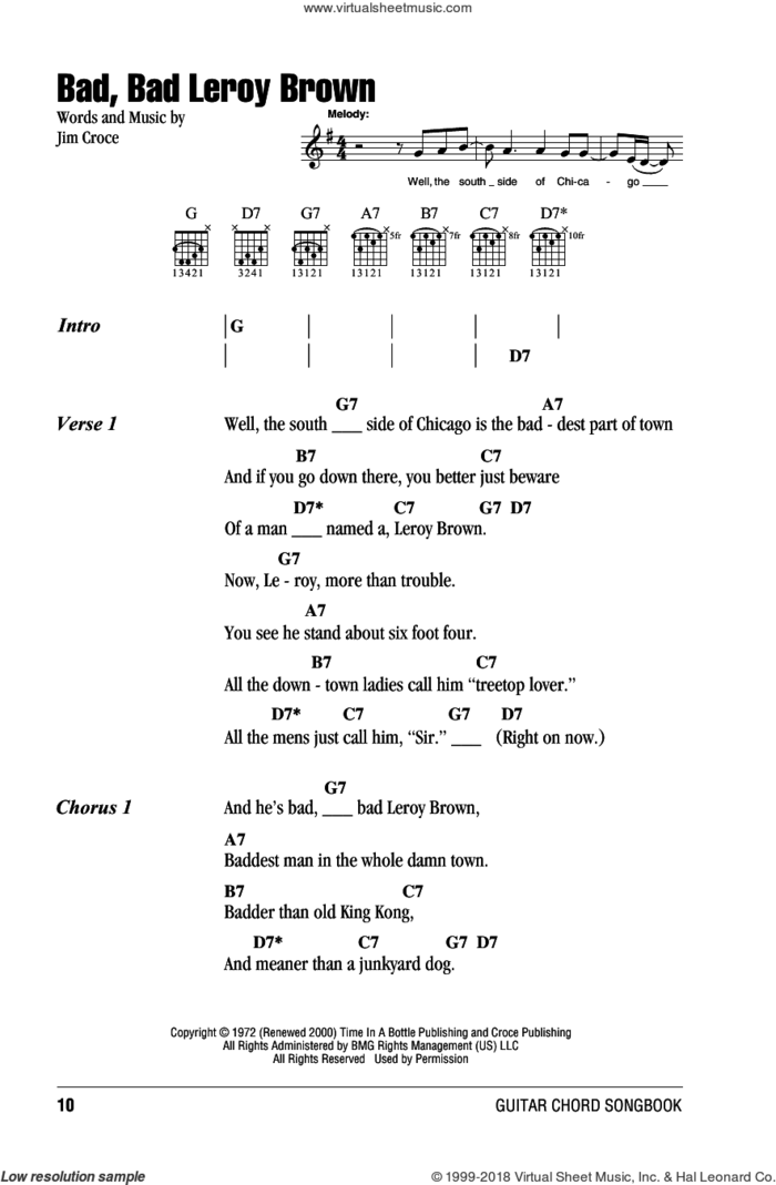 Bad, Bad Leroy Brown sheet music for guitar (chords) by Jim Croce, intermediate skill level