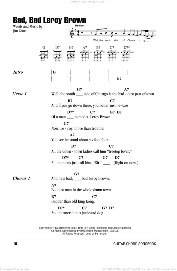 Bad, Bad Leroy Brown sheet music for guitar (chords) by Jim Croce, intermediate skill level