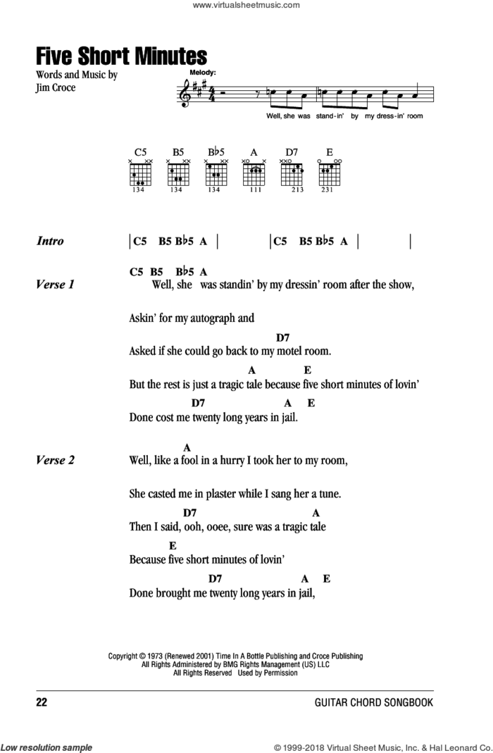 Five Short Minutes sheet music for guitar (chords) by Jim Croce, intermediate skill level
