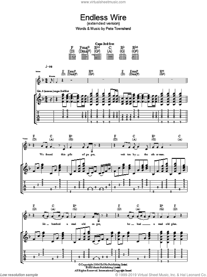 Endless Wire (Extended Version) sheet music for guitar (tablature) by The Who and Pete Townshend, intermediate skill level