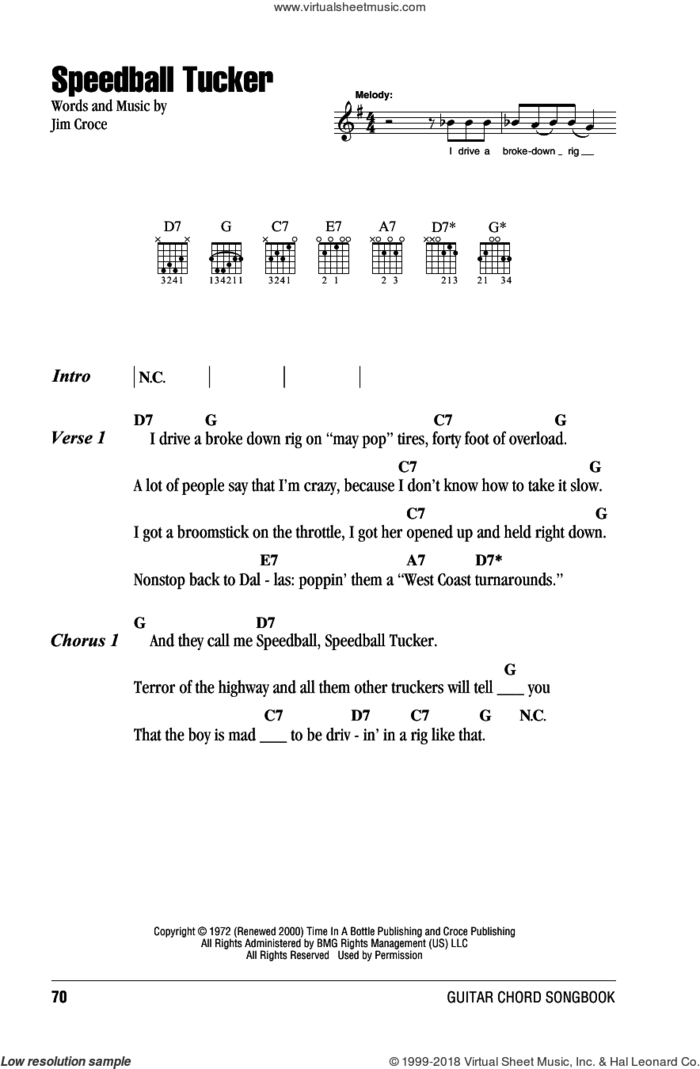 Speedball Tucker sheet music for guitar (chords) by Jim Croce, intermediate skill level