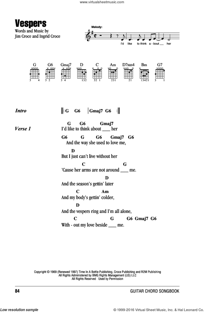 Vespers sheet music for guitar (chords) by Jim Croce and Ingrid Croce, intermediate skill level
