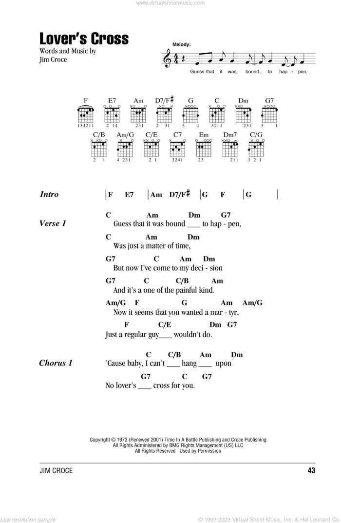 Lover's Cross sheet music for guitar (chords) by Jim Croce, intermediate skill level