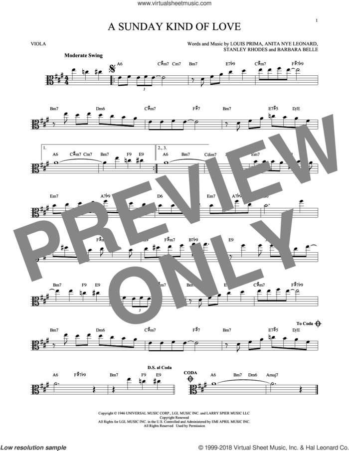 A Sunday Kind Of Love sheet music for viola solo by Etta James, Reba McEntire, Anita Nye Leonard, Barbara Belle, Louis Prima and Stanley Rhodes, intermediate skill level