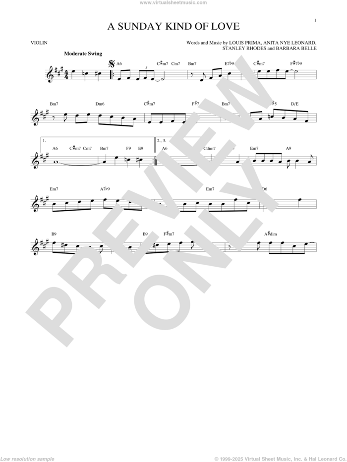 A Sunday Kind Of Love sheet music for violin solo by Etta James, Reba McEntire, Anita Nye Leonard, Barbara Belle, Louis Prima and Stanley Rhodes, intermediate skill level