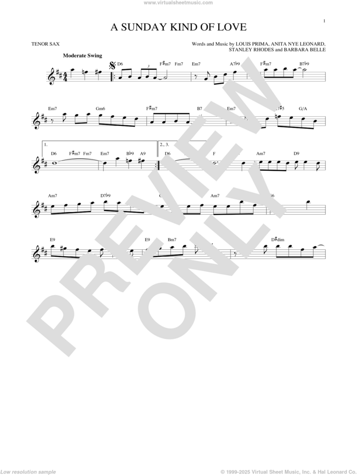 A Sunday Kind Of Love sheet music for tenor saxophone solo by Etta James, Reba McEntire, Anita Nye Leonard, Barbara Belle, Louis Prima and Stanley Rhodes, intermediate skill level