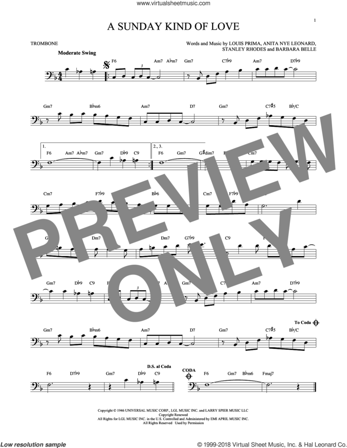 A Sunday Kind Of Love sheet music for trombone solo by Etta James, Reba McEntire, Anita Nye Leonard, Barbara Belle, Louis Prima and Stanley Rhodes, intermediate skill level