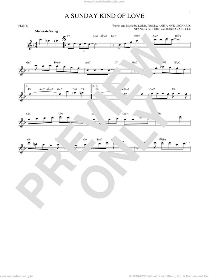 A Sunday Kind Of Love sheet music for flute solo by Etta James, Reba McEntire, Anita Nye Leonard, Barbara Belle, Louis Prima and Stanley Rhodes, intermediate skill level