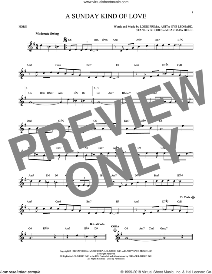 A Sunday Kind Of Love sheet music for horn solo by Etta James, Reba McEntire, Anita Nye Leonard, Barbara Belle, Louis Prima and Stanley Rhodes, intermediate skill level