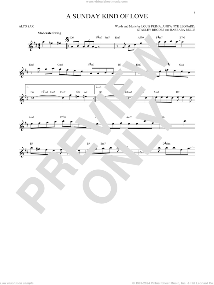 A Sunday Kind Of Love sheet music for alto saxophone solo by Etta James, Reba McEntire, Anita Nye Leonard, Barbara Belle, Louis Prima and Stanley Rhodes, intermediate skill level