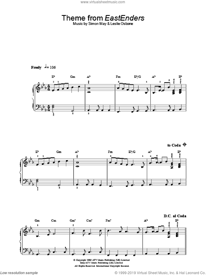 Theme From EastEnders sheet music for piano solo by Leslie Osborne and Simon May, easy skill level