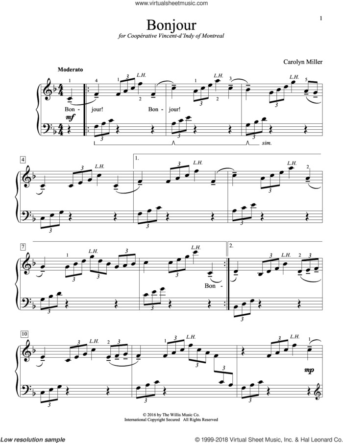 Bonjour sheet music for piano solo (elementary) by Carolyn Miller, beginner piano (elementary)