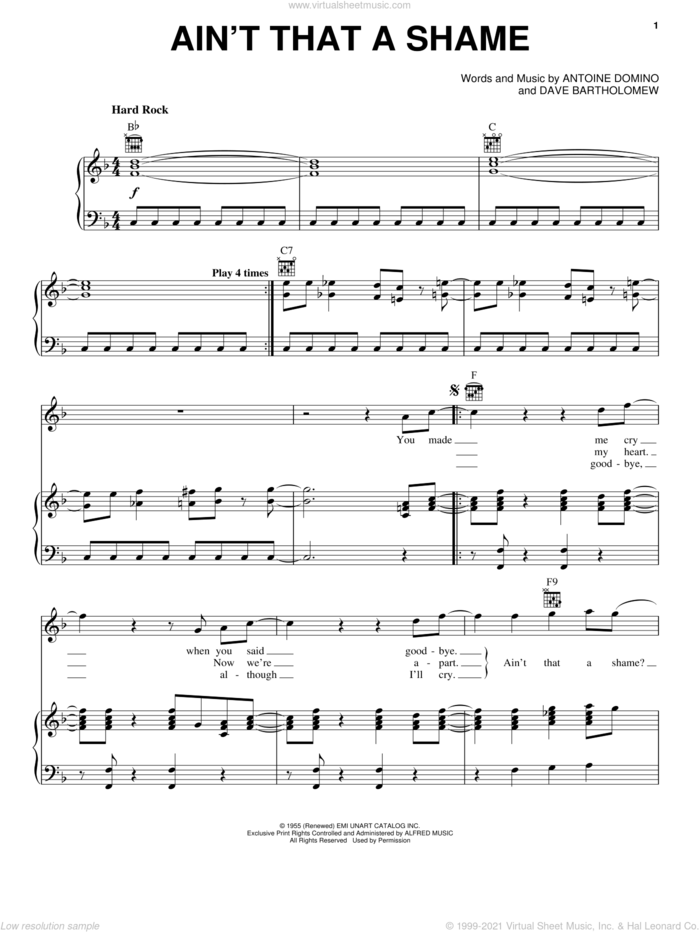 Ain't That A Shame sheet music for voice, piano or guitar by Cheap Trick, Antoine Domino and Dave Bartholomew, intermediate skill level