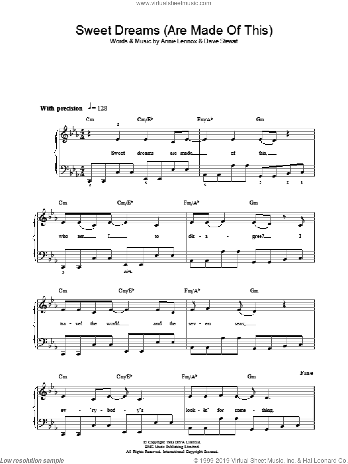 Sweet Dreams (Are Made Of This) sheet music for voice, piano or guitar by Eurythmics, Annie Lennox and Dave Stewart, intermediate skill level