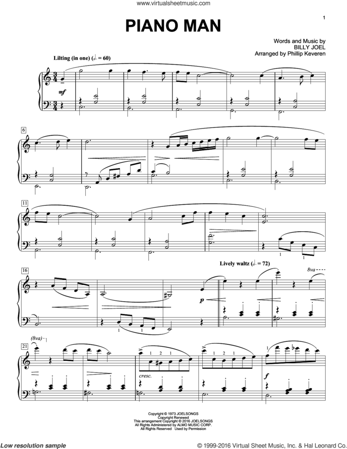 Piano Man [Classical version] (arr. Phillip Keveren), (intermediate) sheet music for piano solo by Billy Joel, Phillip Keveren and Billy Joel (Arr. Phillip Keveren), intermediate skill level