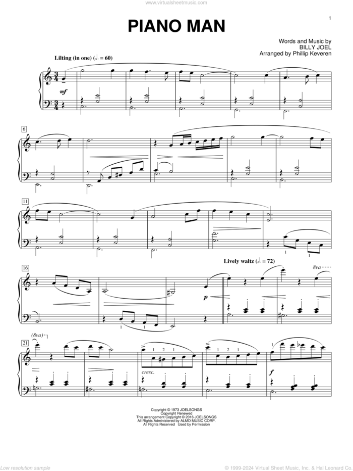 Piano Man [Classical version] (arr. Phillip Keveren), (intermediate) sheet music for piano solo by Billy Joel, Phillip Keveren and Billy Joel (Arr. Phillip Keveren), intermediate skill level