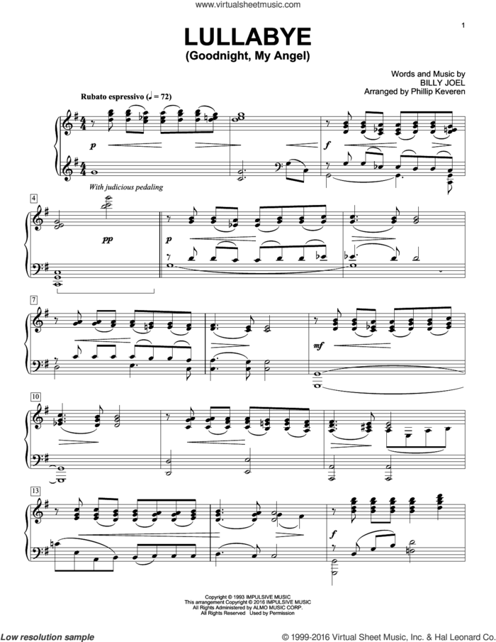 Lullabye (Goodnight, My Angel) [Classical version] (arr. Phillip Keveren) sheet music for piano solo by Billy Joel, Phillip Keveren and Billy Joel (Arr. Phillip Keveren), intermediate skill level
