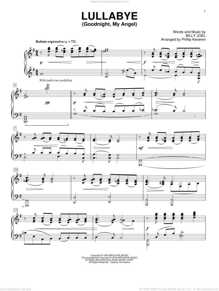 Lullabye (Goodnight, My Angel) [Classical version] (arr. Phillip Keveren) sheet music for piano solo by Billy Joel, Phillip Keveren and Billy Joel (Arr. Phillip Keveren), intermediate skill level