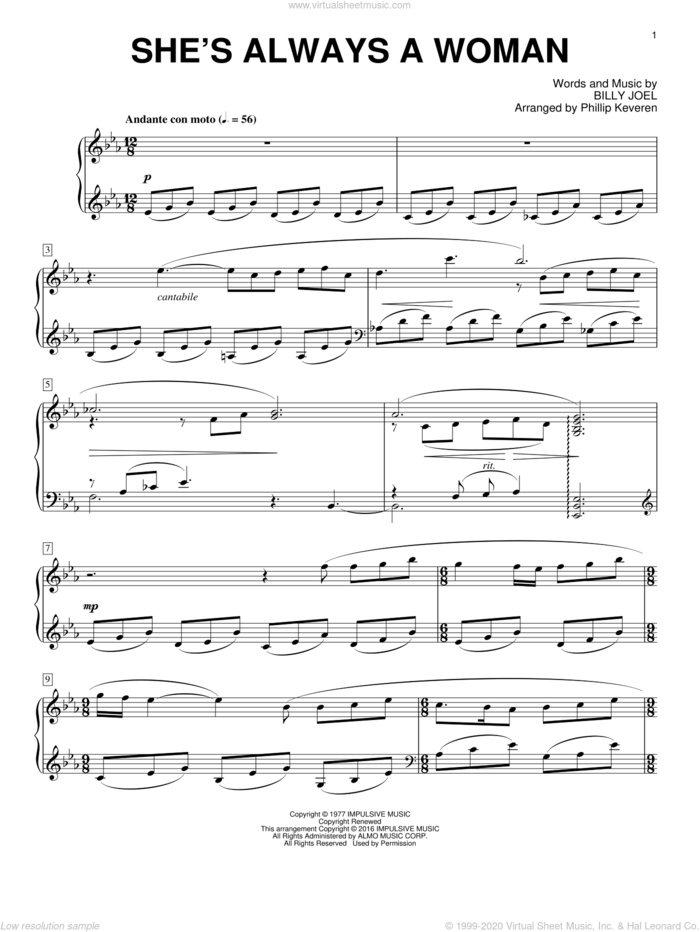 She's Always A Woman [Classical version] (arr. Phillip Keveren) sheet music for piano solo by Billy Joel, Phillip Keveren and Billy Joel (Arr. Phillip Keveren), intermediate skill level