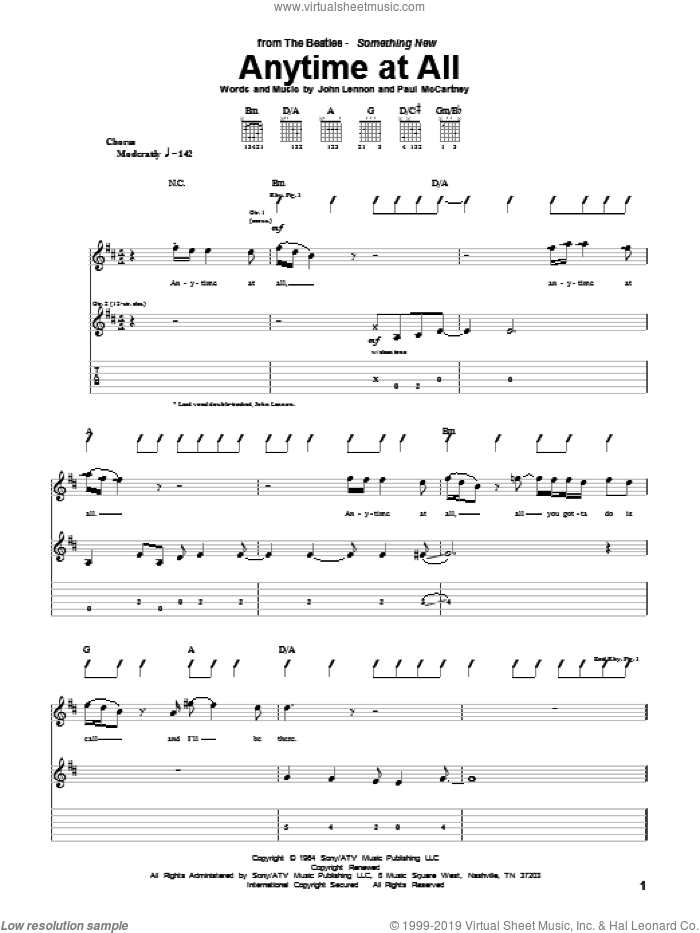 Anytime At All sheet music for guitar (tablature) by The Beatles, John Lennon and Paul McCartney, intermediate skill level
