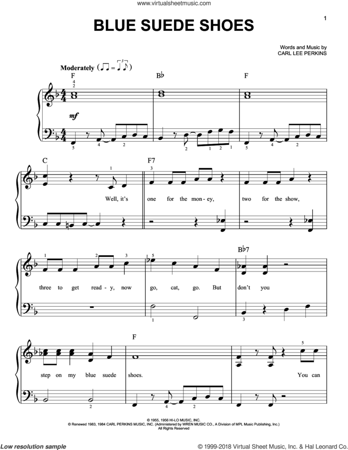 Blue Suede Shoes, (beginner) sheet music for piano solo by Elvis Presley and Carl Perkins, beginner skill level