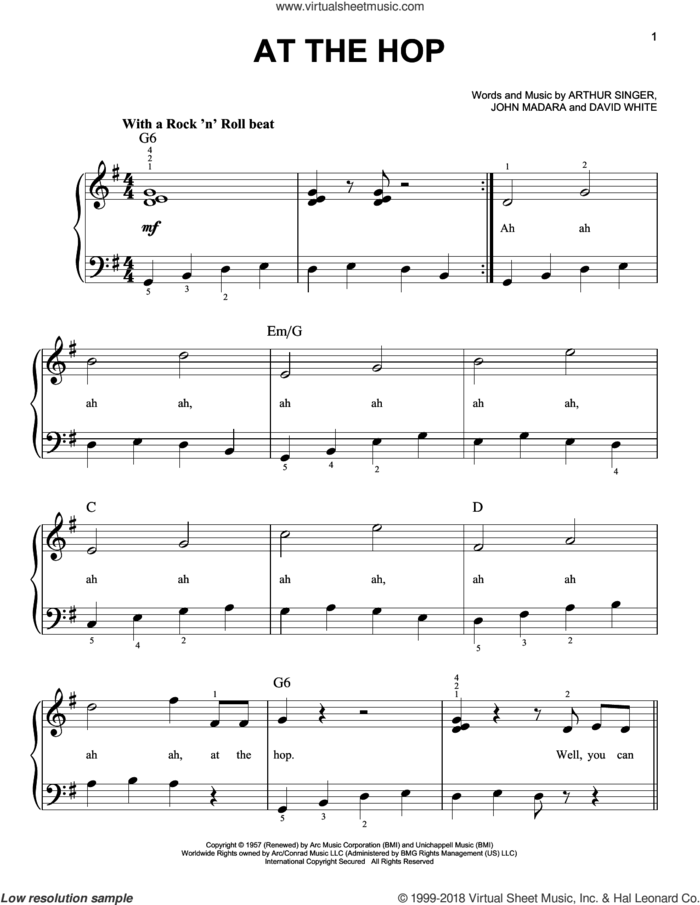 At The Hop sheet music for piano solo by Danny & The Juniors, Miscellaneous, Arthur Singer, David White and John Madara, beginner skill level
