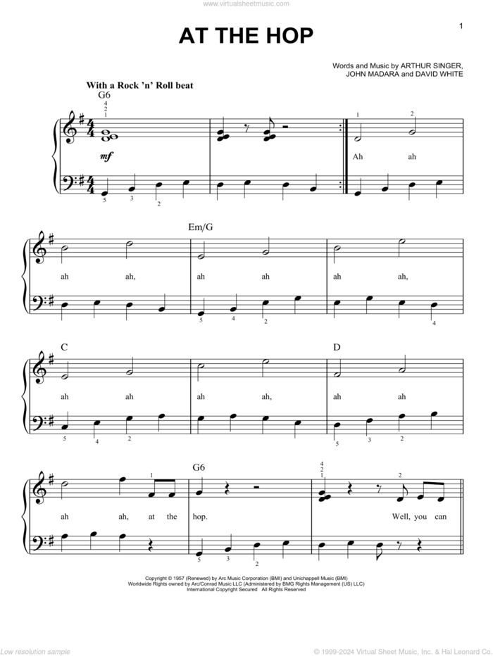 At The Hop sheet music for piano solo by Danny & The Juniors, Miscellaneous, Arthur Singer, David White and John Madara, beginner skill level