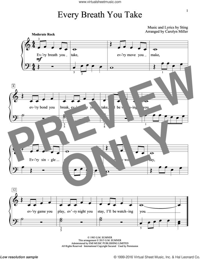 Every Breath You Take sheet music for piano solo (elementary) by The Police (Arr. Carolyn Miller), Carolyn Miller, John Thompson, The Police and Sting, beginner piano (elementary)