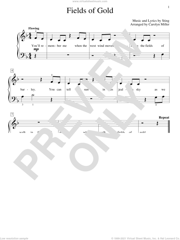 Fields Of Gold (arr. Carolyn Miller) sheet music for piano solo (elementary) by Sting (Arr. Carolyn Miller), Carolyn Miller, John Thompson and Sting, beginner piano (elementary)