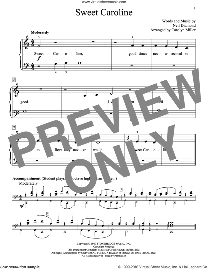 Sweet Caroline (arr. Carolyn Miller) sheet music for piano solo (elementary) by Neil Diamond (Arr. Carolyn Miller), Carolyn Miller, John Thompson, Glee Cast featuring Mark Salling and Neil Diamond, beginner piano (elementary)