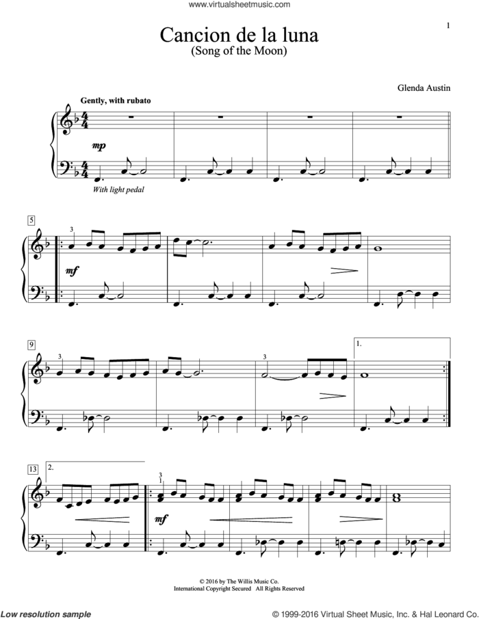 Cancion De La Luna sheet music for piano solo by Glenda Austin, intermediate skill level