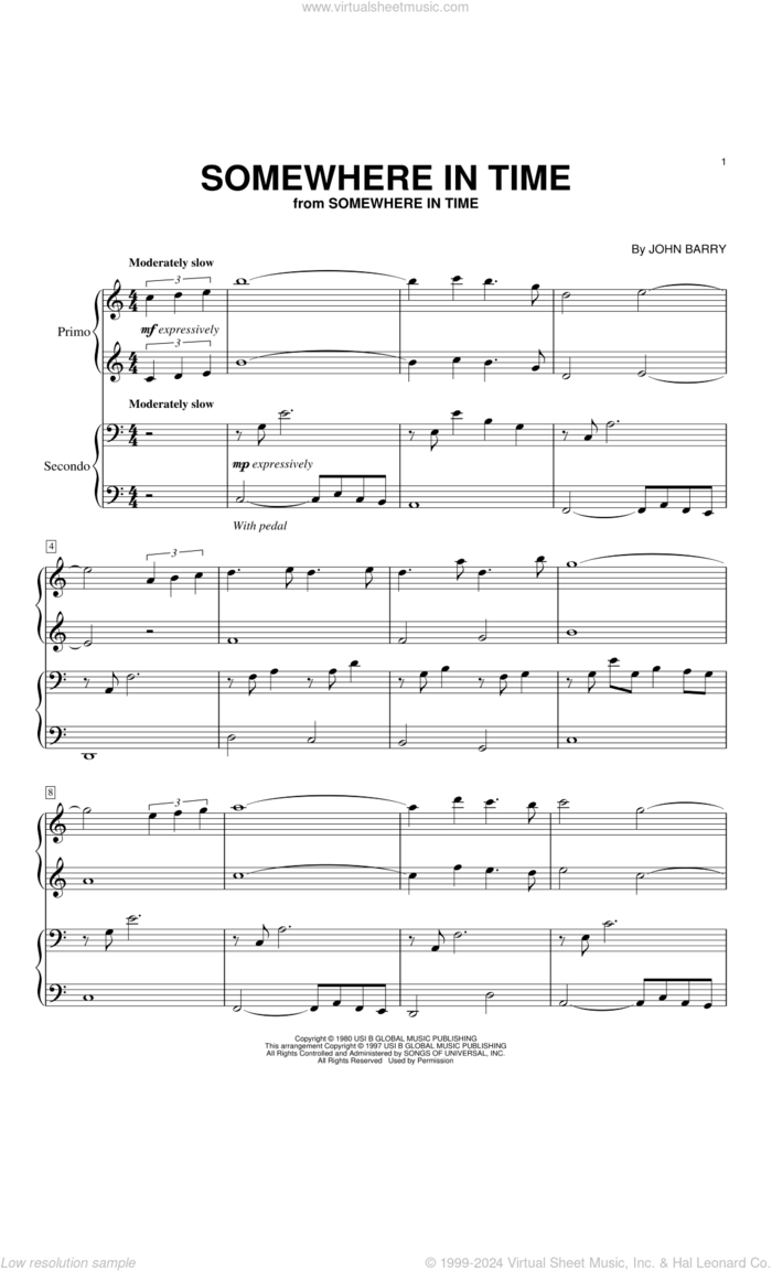 Somewhere In Time sheet music for piano four hands by John Barry and B.A. Robertson, intermediate skill level