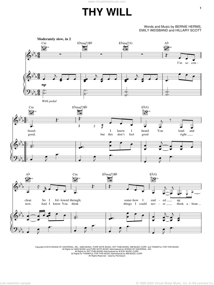 Thy Will sheet music for voice, piano or guitar by Hillary Scott & The Scott Family, Bernie Herms, Emily Weisband and Hillary Scott, intermediate skill level