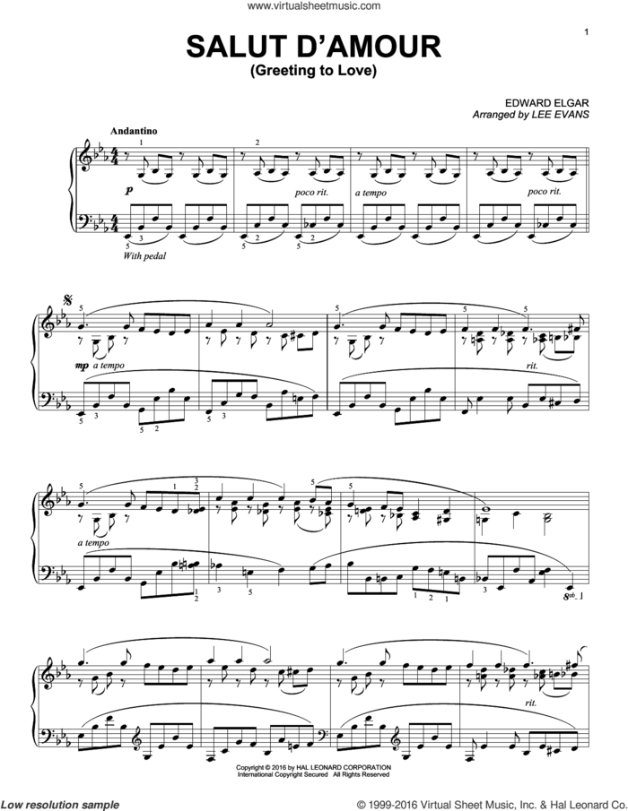 Salut D'amour (Greeting To Love) sheet music for piano solo by Edward Elgar and Lee Evans, intermediate skill level
