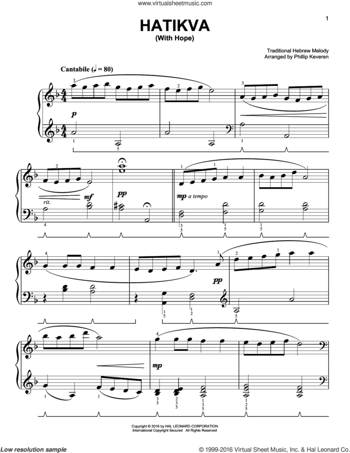 Hatikvah (With Hope) [Classical version] (arr. Phillip Keveren) sheet music for piano solo by Naftali Herz Imber, Phillip Keveren and Miscellaneous, easy skill level