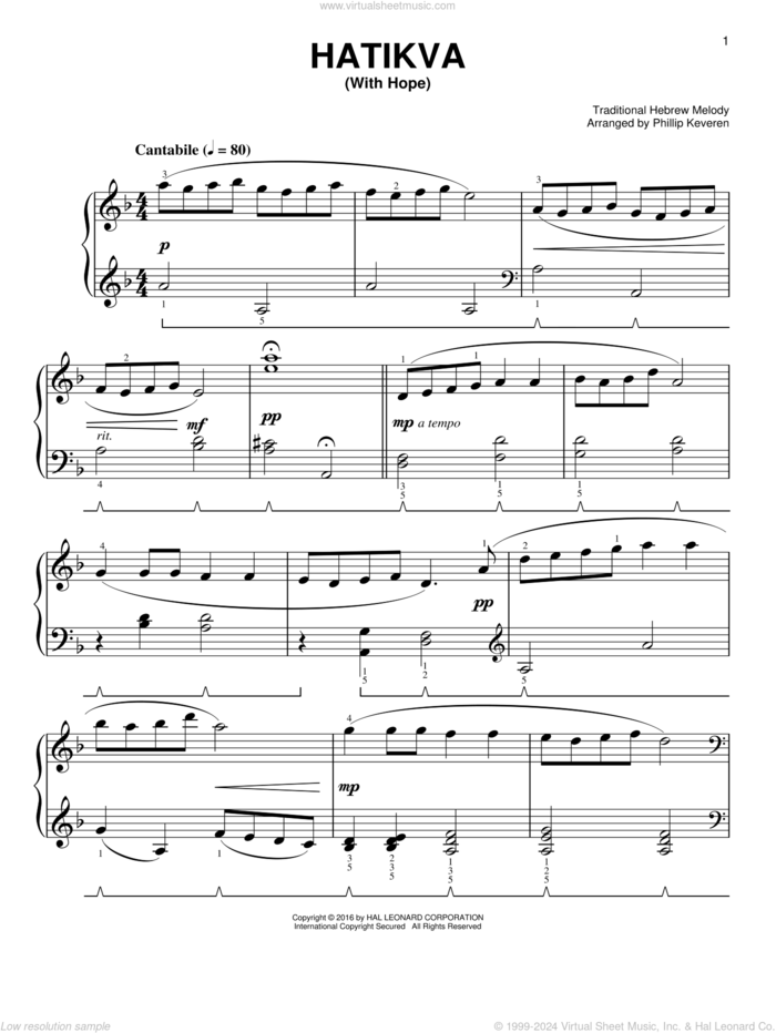 Hatikvah (With Hope) [Classical version] (arr. Phillip Keveren) sheet music for piano solo by Naftali Herz Imber, Phillip Keveren and Miscellaneous, easy skill level