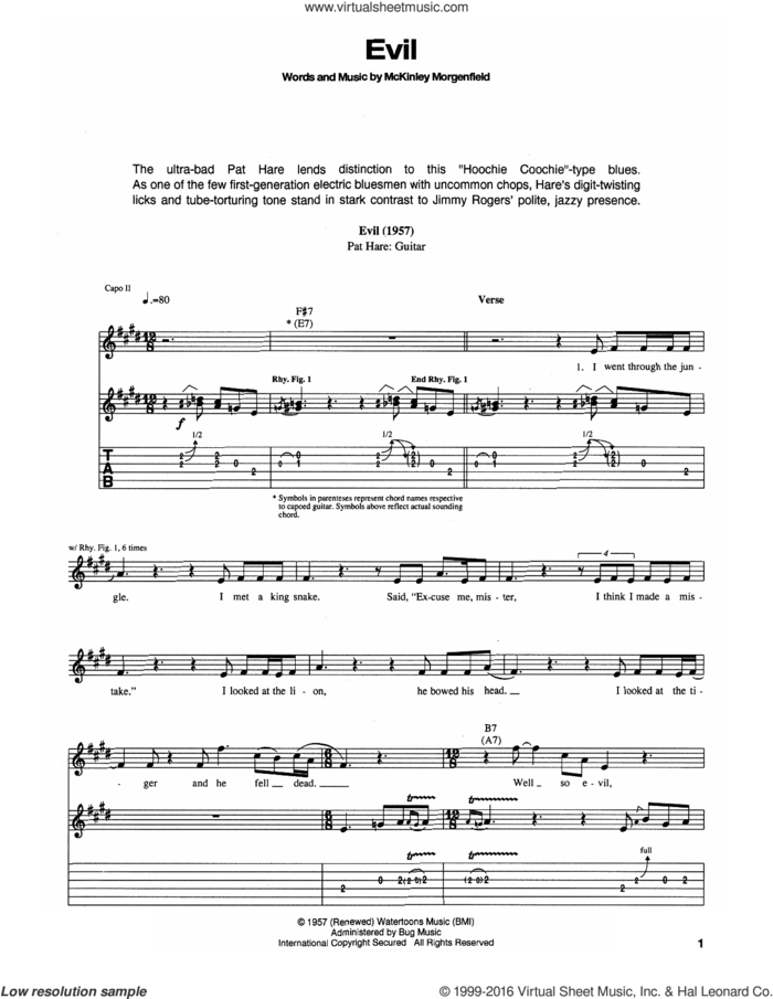 Evil sheet music for guitar (tablature) by Muddy Waters, intermediate skill level