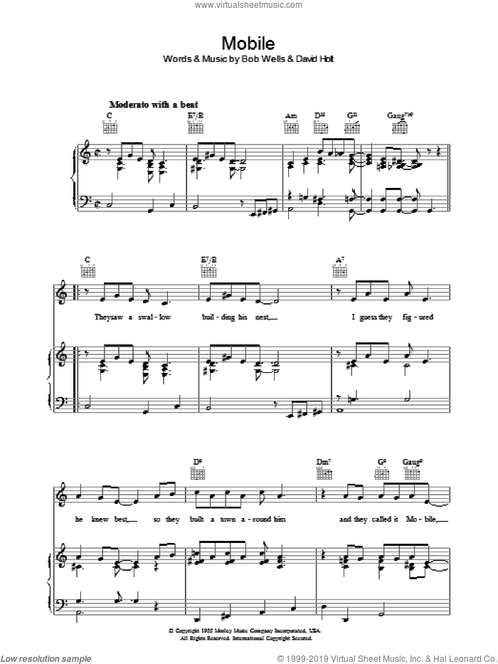 Mobile sheet music for voice, piano or guitar by Bob Wells and David Holt, intermediate skill level