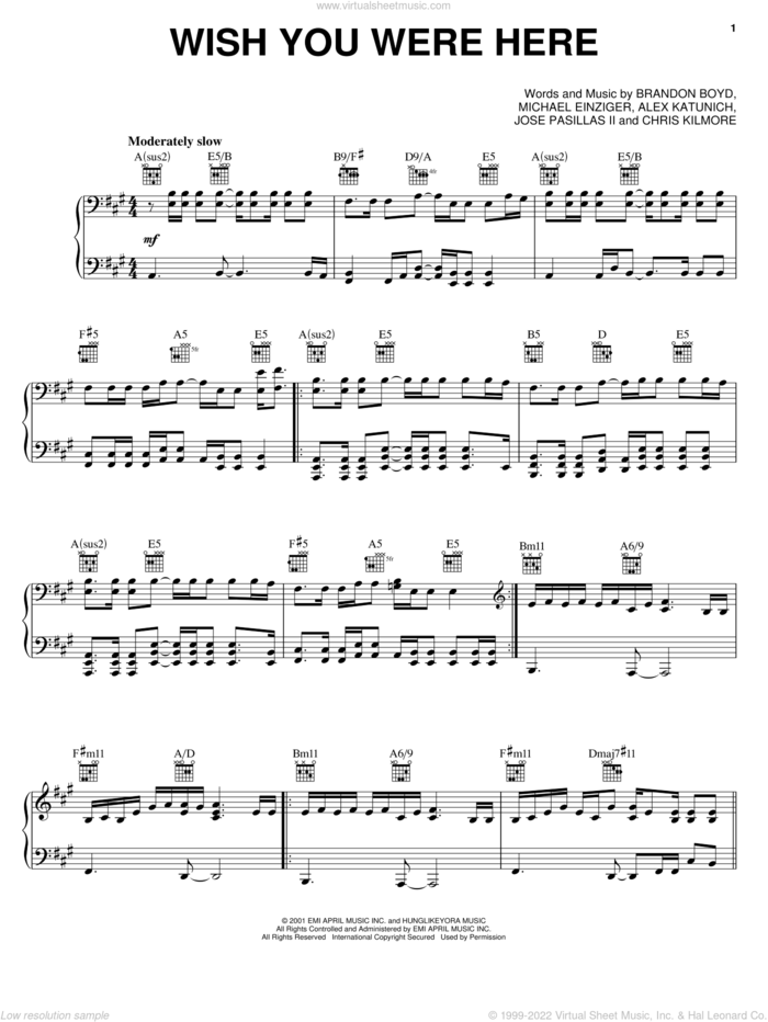 Wish You Were Here sheet music for voice, piano or guitar by Incubus, Alex Katunich, Brandon Boyd and Chris Kilmore, intermediate skill level