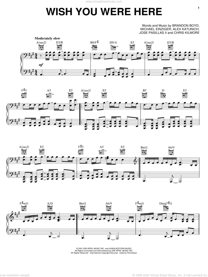 Wish You Were Here sheet music for voice, piano or guitar by Incubus, Alex Katunich, Brandon Boyd and Chris Kilmore, intermediate skill level