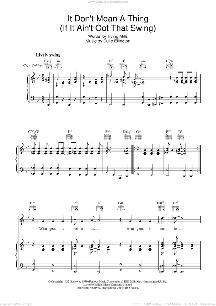 It Don't Mean A Thing (If It Ain't Got That Swing) sheet music for voice, piano or guitar by Duke Ellington and Irving Mills, intermediate skill level