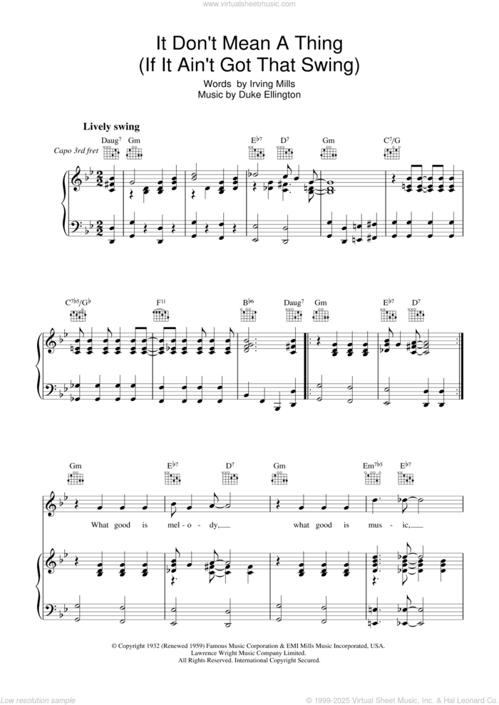 It Don't Mean A Thing (If It Ain't Got That Swing) sheet music for voice, piano or guitar by Duke Ellington and Irving Mills, intermediate skill level