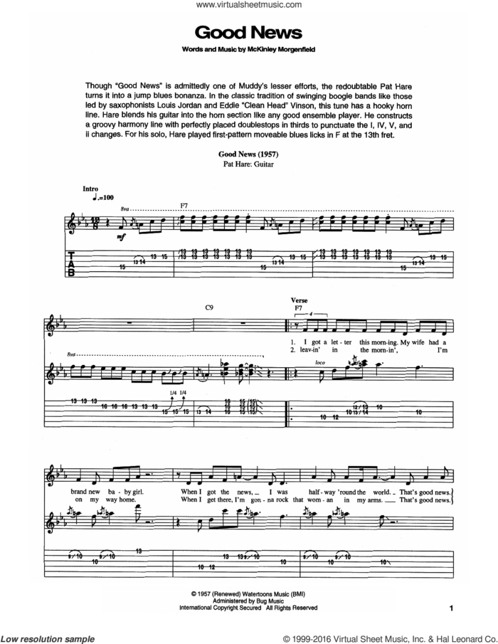 Good News sheet music for guitar (tablature) by Muddy Waters, intermediate skill level